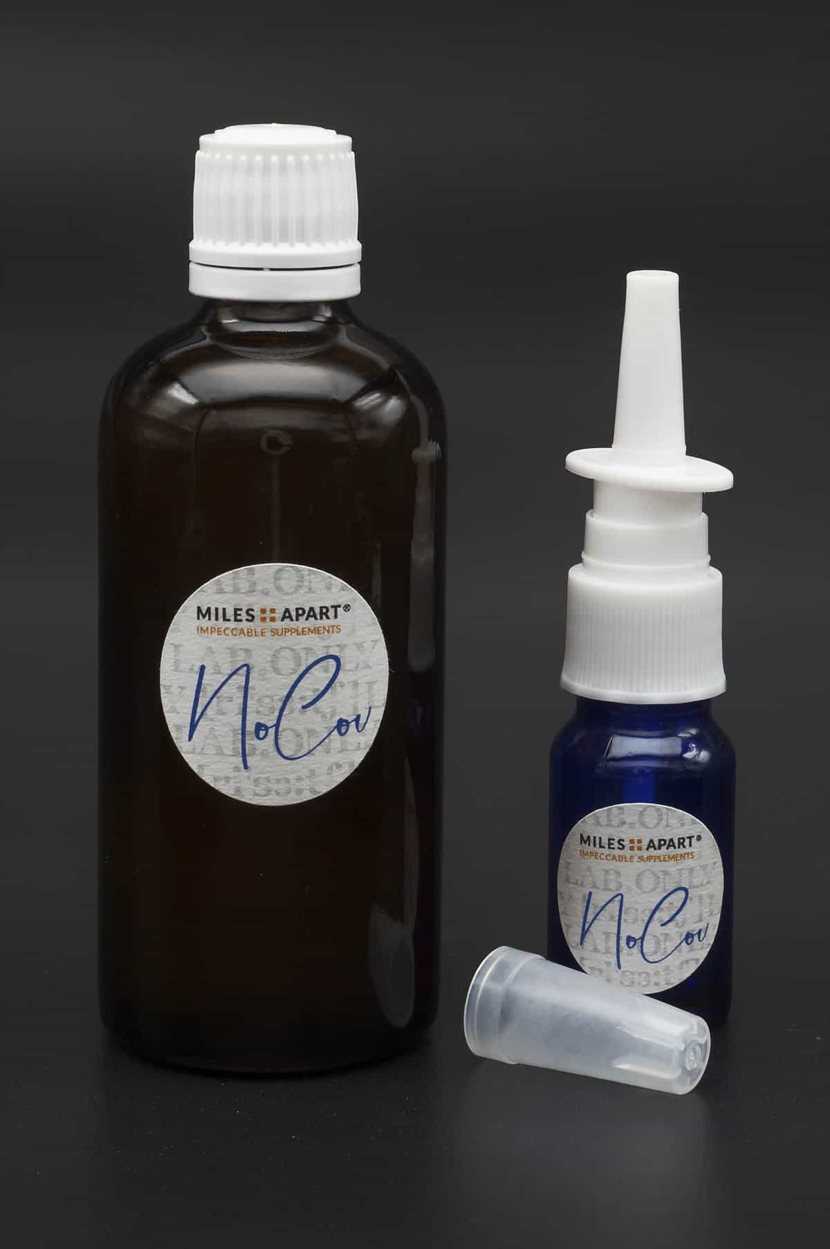 NoCov unser antivirales Fluidum auf Supplementbasis. Hier das Full Set mit nachfüllbarer Zerstäuberflasche